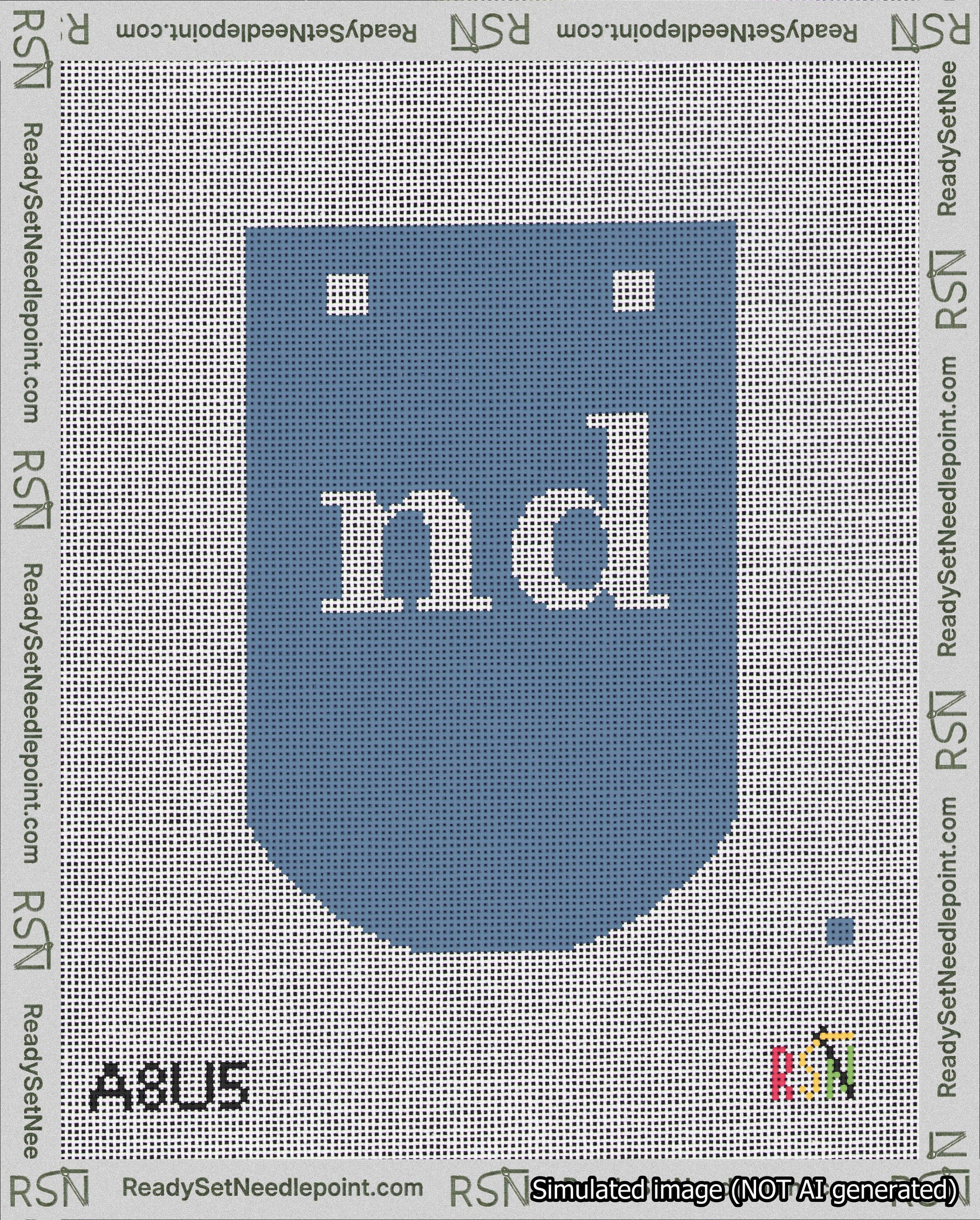 A taped needlepoint canvas with the design: Banner 18 mesh count Curved nd White on Blue.