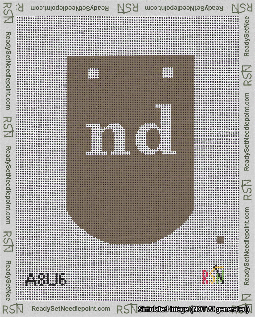 A taped needlepoint canvas with the design: Banner 18 mesh count Curved nd White on Brown.