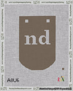 A taped needlepoint canvas with the design: Banner 18 mesh count Curved nd White on Brown.