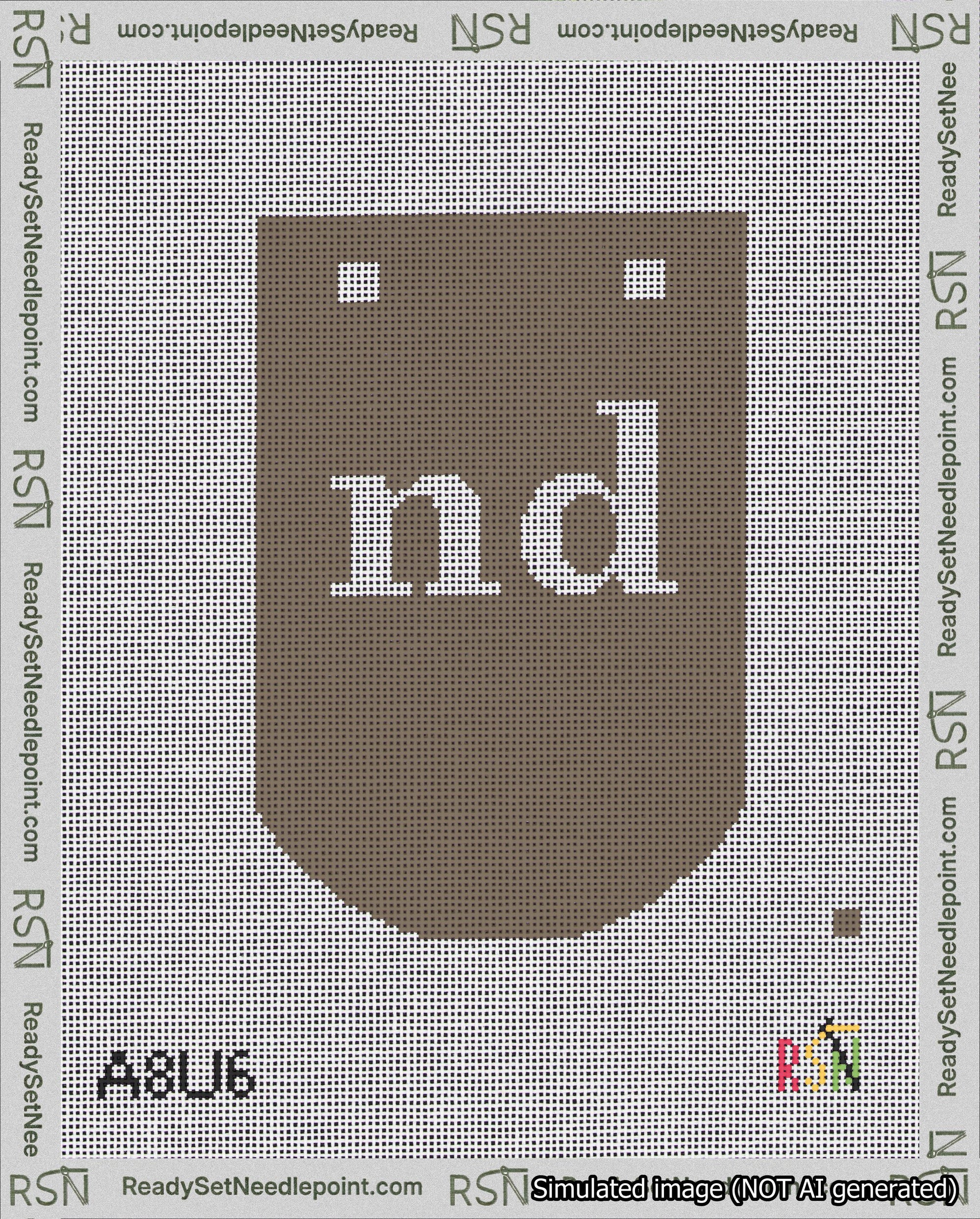 A taped needlepoint canvas with the design: Banner 18 mesh count Curved nd White on Brown.