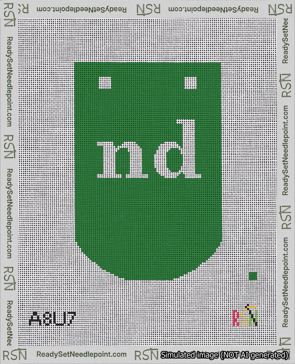 A taped needlepoint canvas with the design: Banner 18 mesh count Curved nd White on Green.