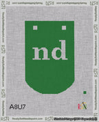 A taped needlepoint canvas with the design: Banner 18 mesh count Curved nd White on Green.