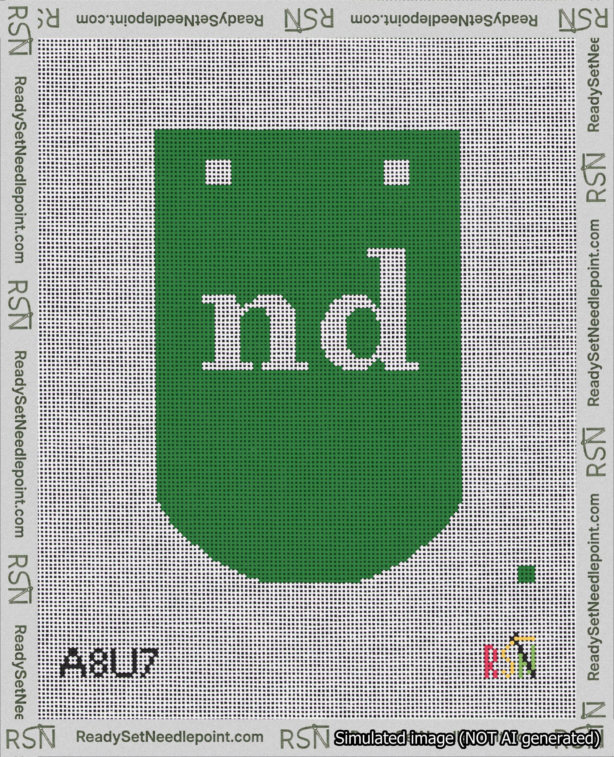A taped needlepoint canvas with the design: Banner 18 mesh count Curved nd White on Green.