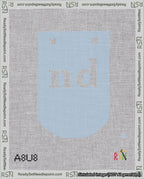 A taped needlepoint canvas with the design: Banner 18 mesh count Curved nd White on Light Blue.