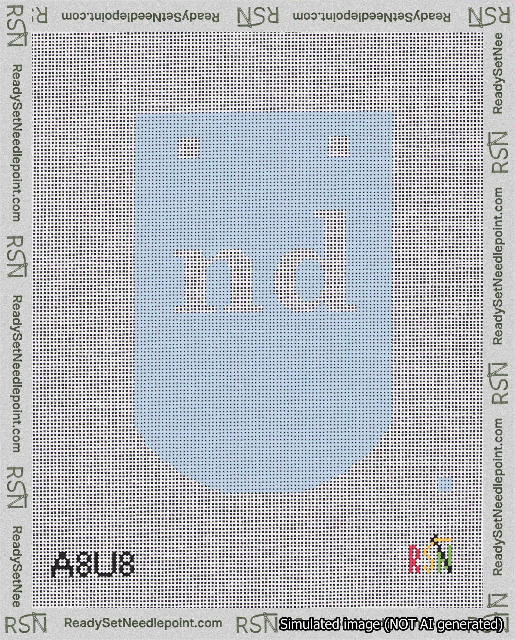 A taped needlepoint canvas with the design: Banner 18 mesh count Curved nd White on Light Blue.