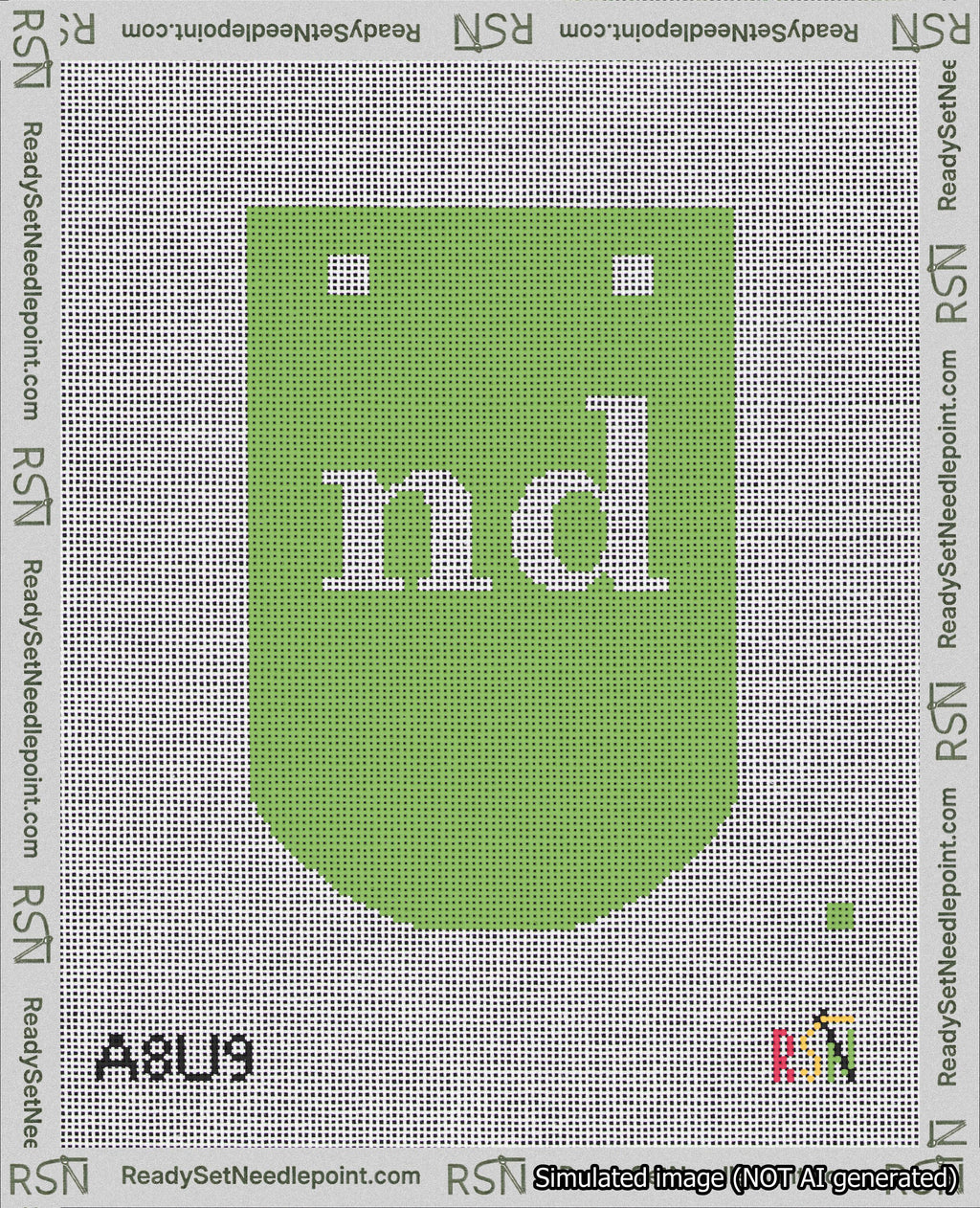 A taped needlepoint canvas with the design: Banner 18 mesh count Curved nd White on Light Green.