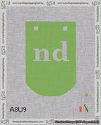 A taped needlepoint canvas with the design: Banner 18 mesh count Curved nd White on Light Green.