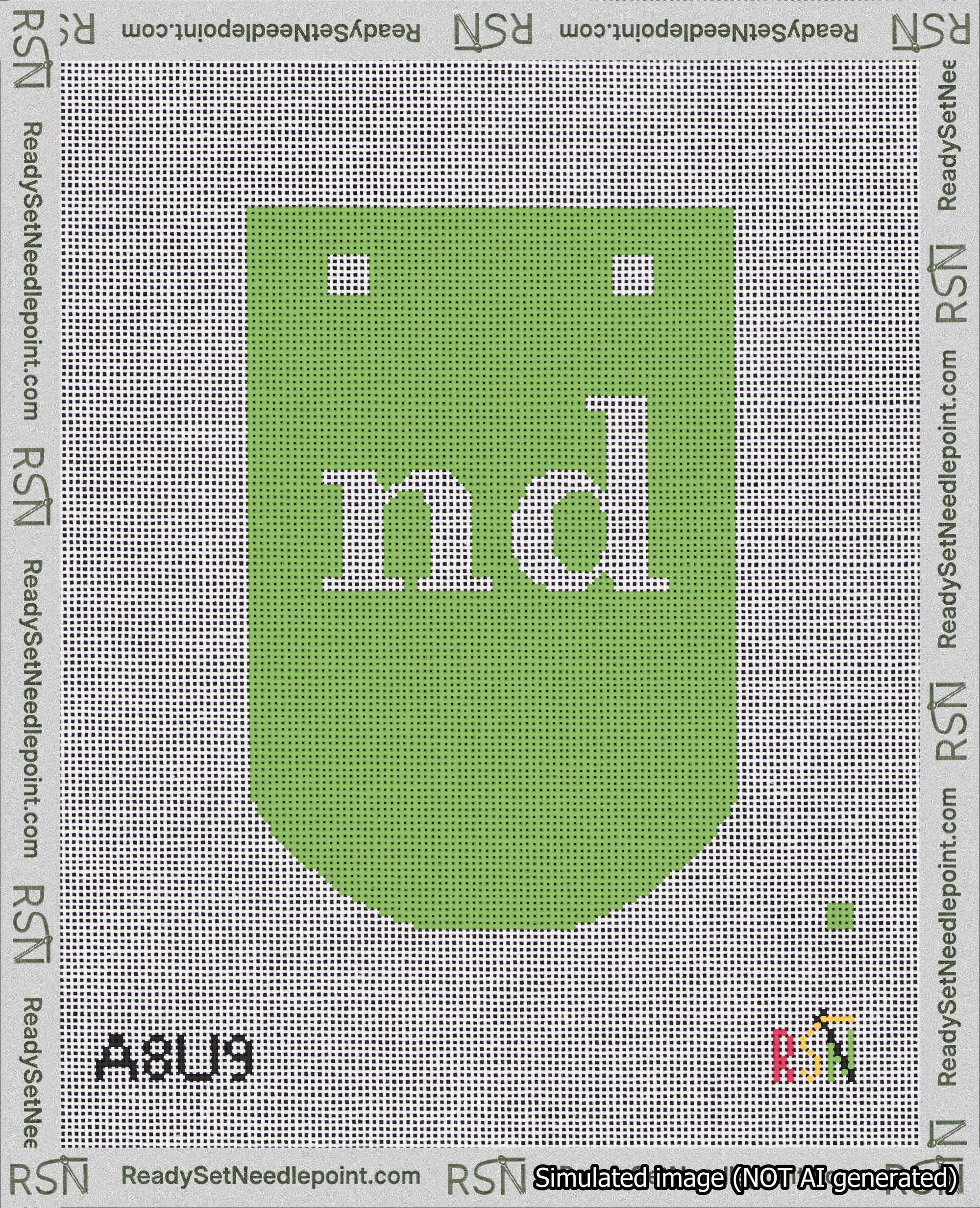 A taped needlepoint canvas with the design: Banner 18 mesh count Curved nd White on Light Green.
