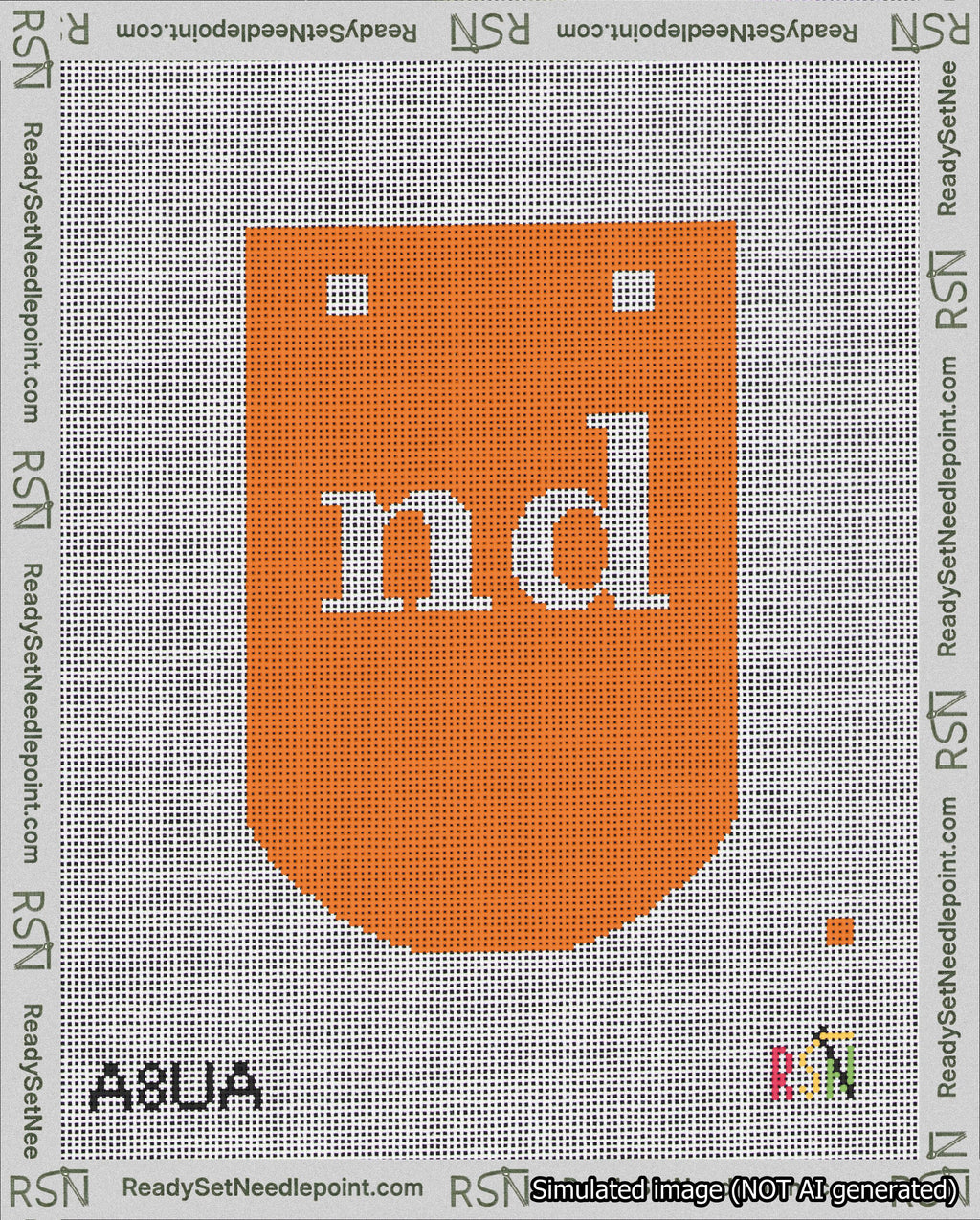 A taped needlepoint canvas with the design: Banner 18 mesh count Curved nd White on Orange.
