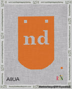 A taped needlepoint canvas with the design: Banner 18 mesh count Curved nd White on Orange.