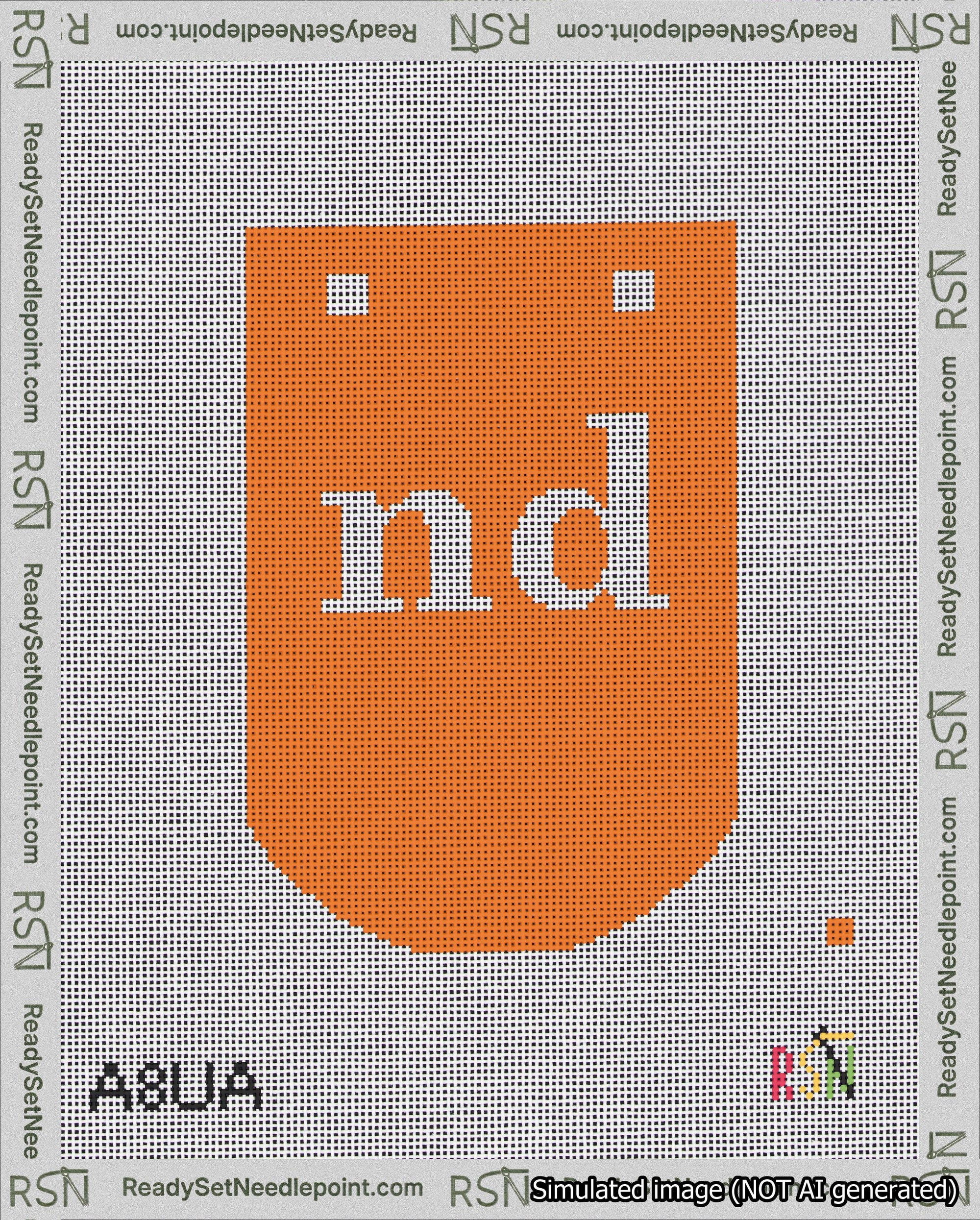 A taped needlepoint canvas with the design: Banner 18 mesh count Curved nd White on Orange.
