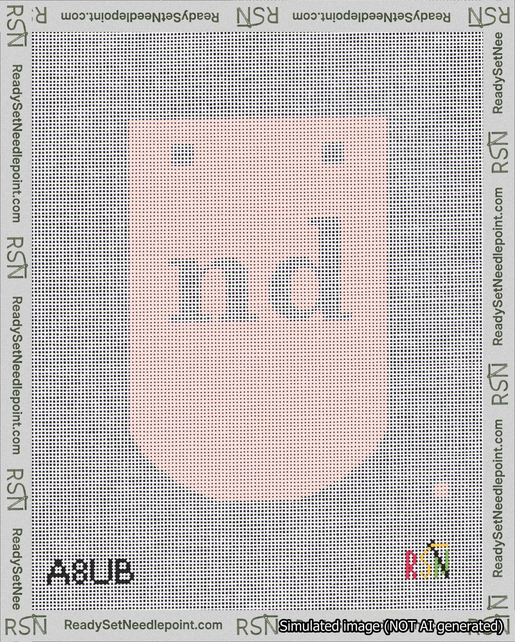 A taped needlepoint canvas with the design: Banner 18 mesh count Curved nd White on Pink.