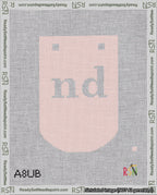 A taped needlepoint canvas with the design: Banner 18 mesh count Curved nd White on Pink.