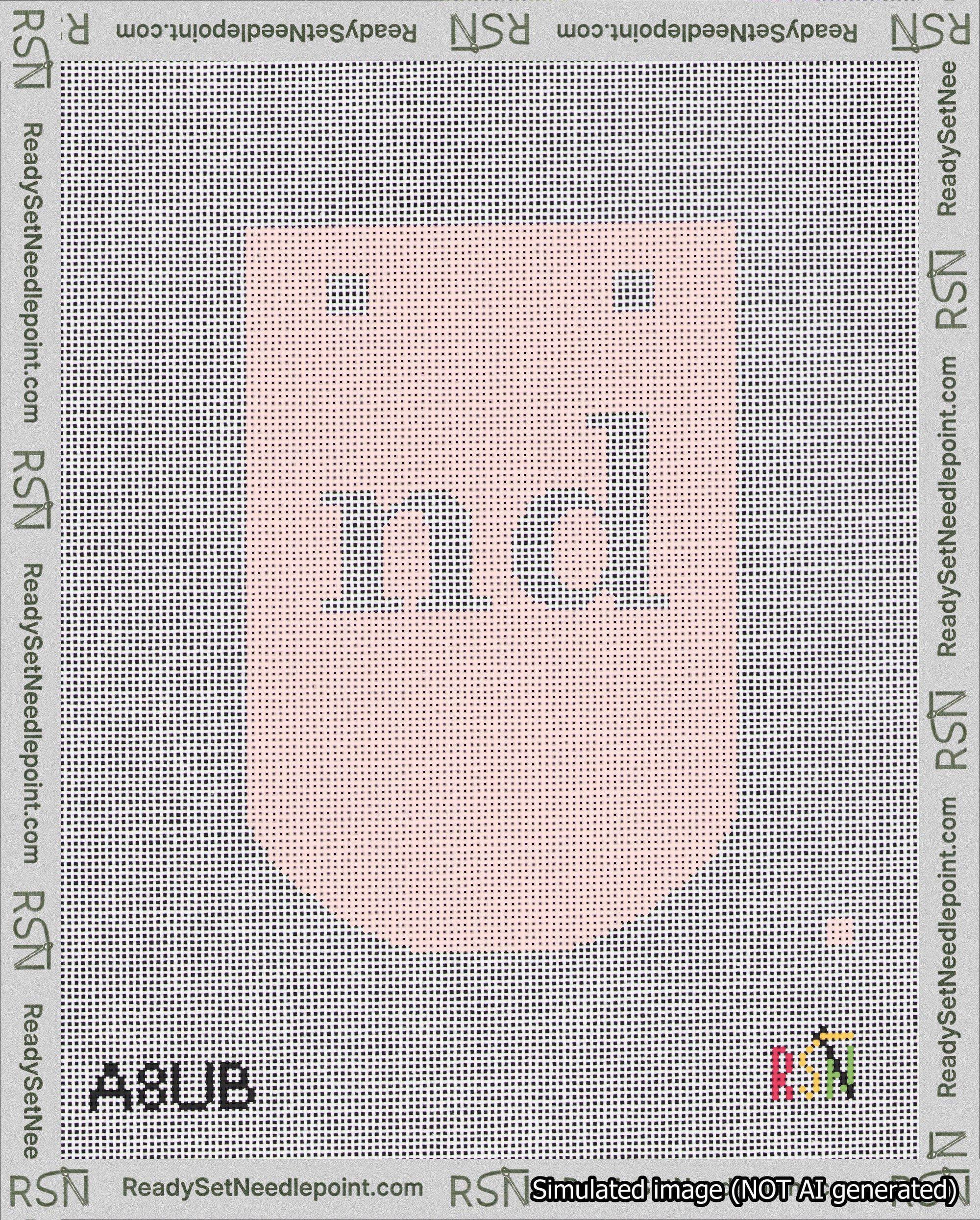A taped needlepoint canvas with the design: Banner 18 mesh count Curved nd White on Pink.