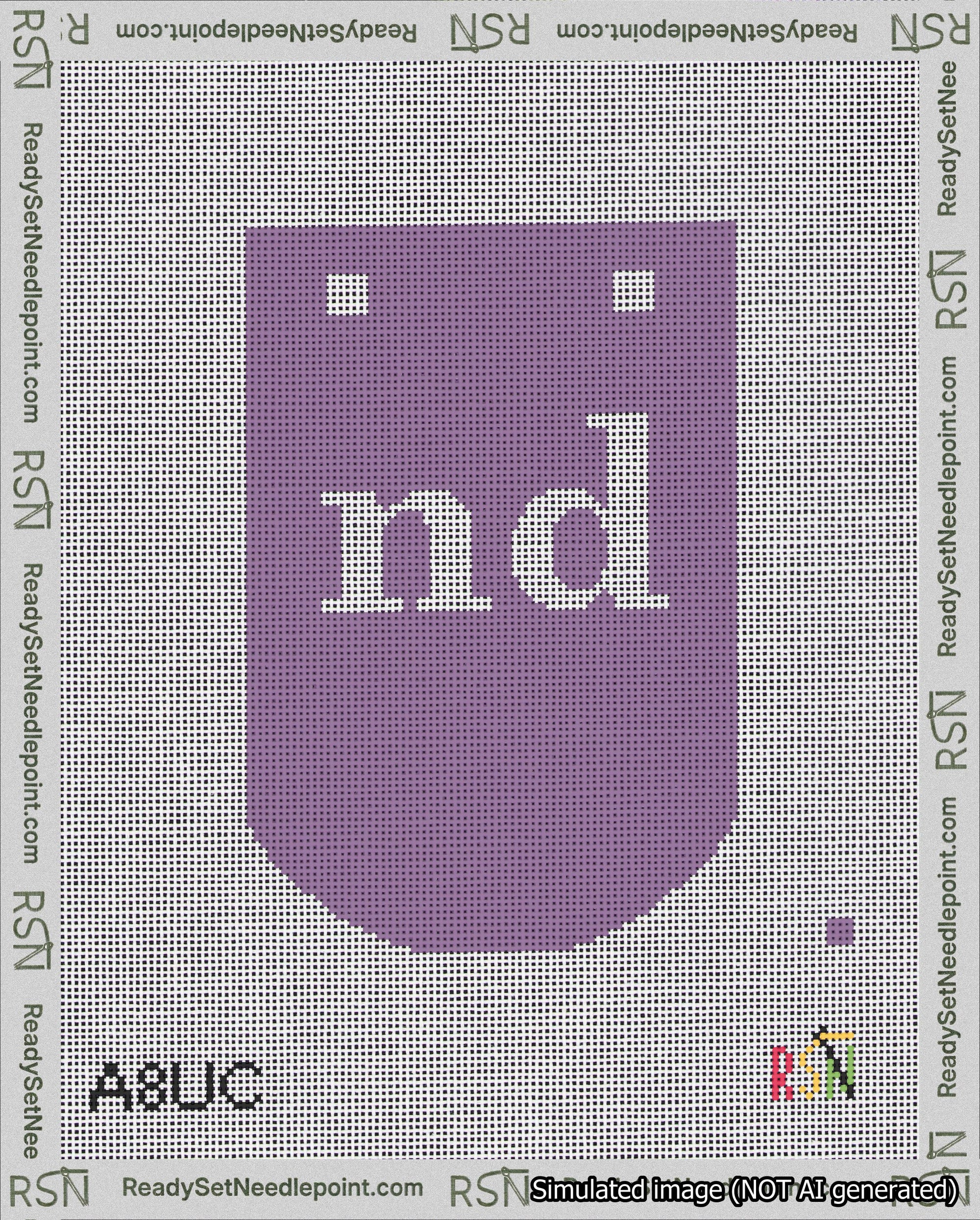 A taped needlepoint canvas with the design: Banner 18 mesh count Curved nd White on Purple.