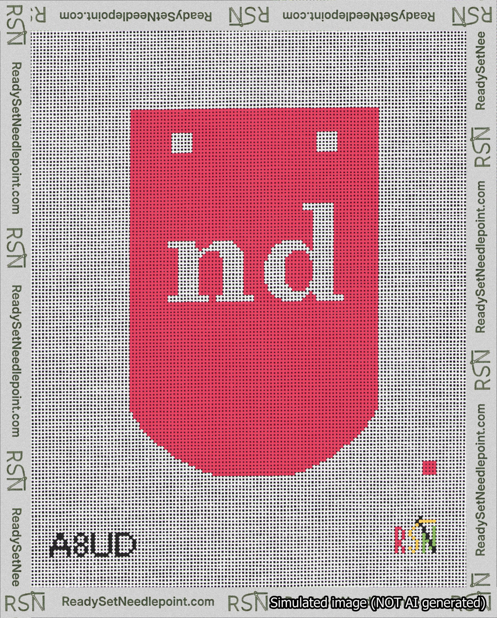 A taped needlepoint canvas with the design: Banner 18 mesh count Curved nd White on Red.