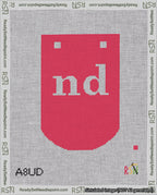 A taped needlepoint canvas with the design: Banner 18 mesh count Curved nd White on Red.