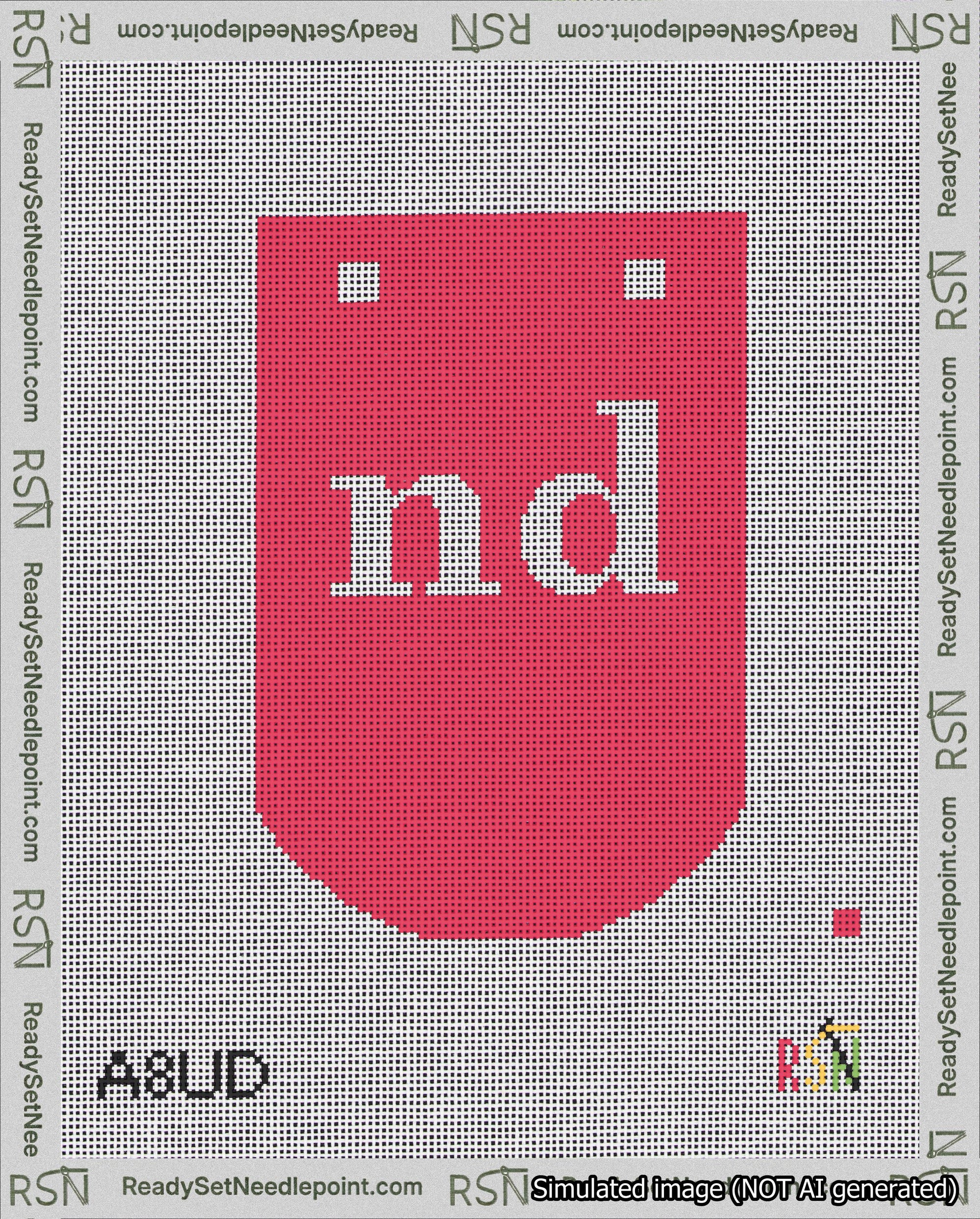 A taped needlepoint canvas with the design: Banner 18 mesh count Curved nd White on Red.