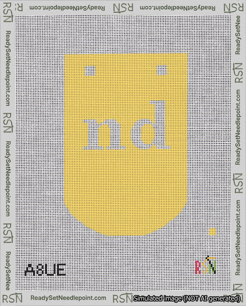 A taped needlepoint canvas with the design: Banner 18 mesh count Curved nd White on Yellow.