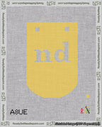 A taped needlepoint canvas with the design: Banner 18 mesh count Curved nd White on Yellow.