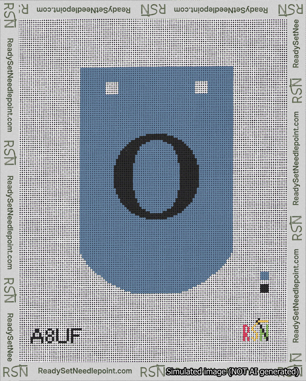 A taped needlepoint canvas with the design: Banner 18 mesh count Curved O Black on Blue.