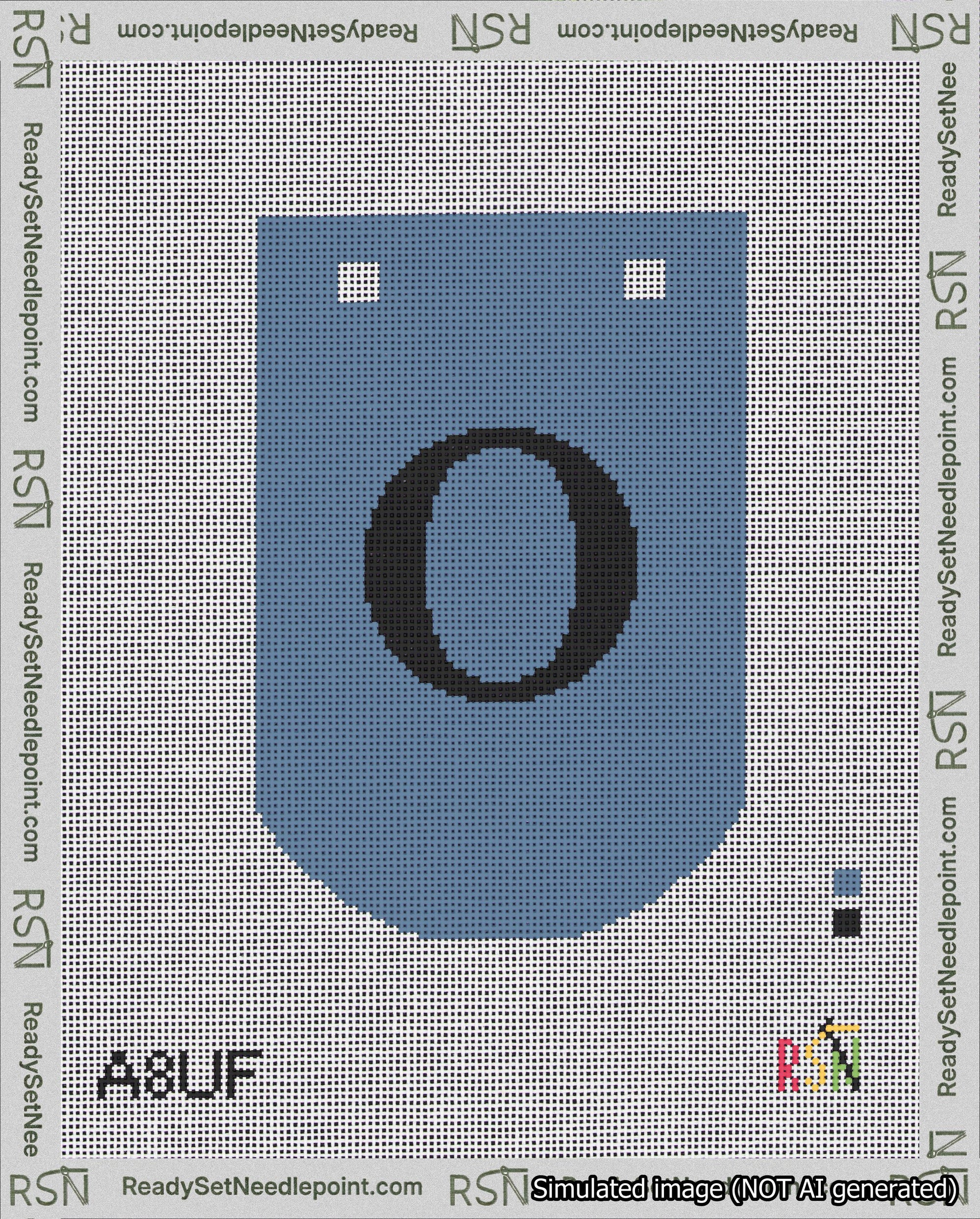 A taped needlepoint canvas with the design: Banner 18 mesh count Curved O Black on Blue.