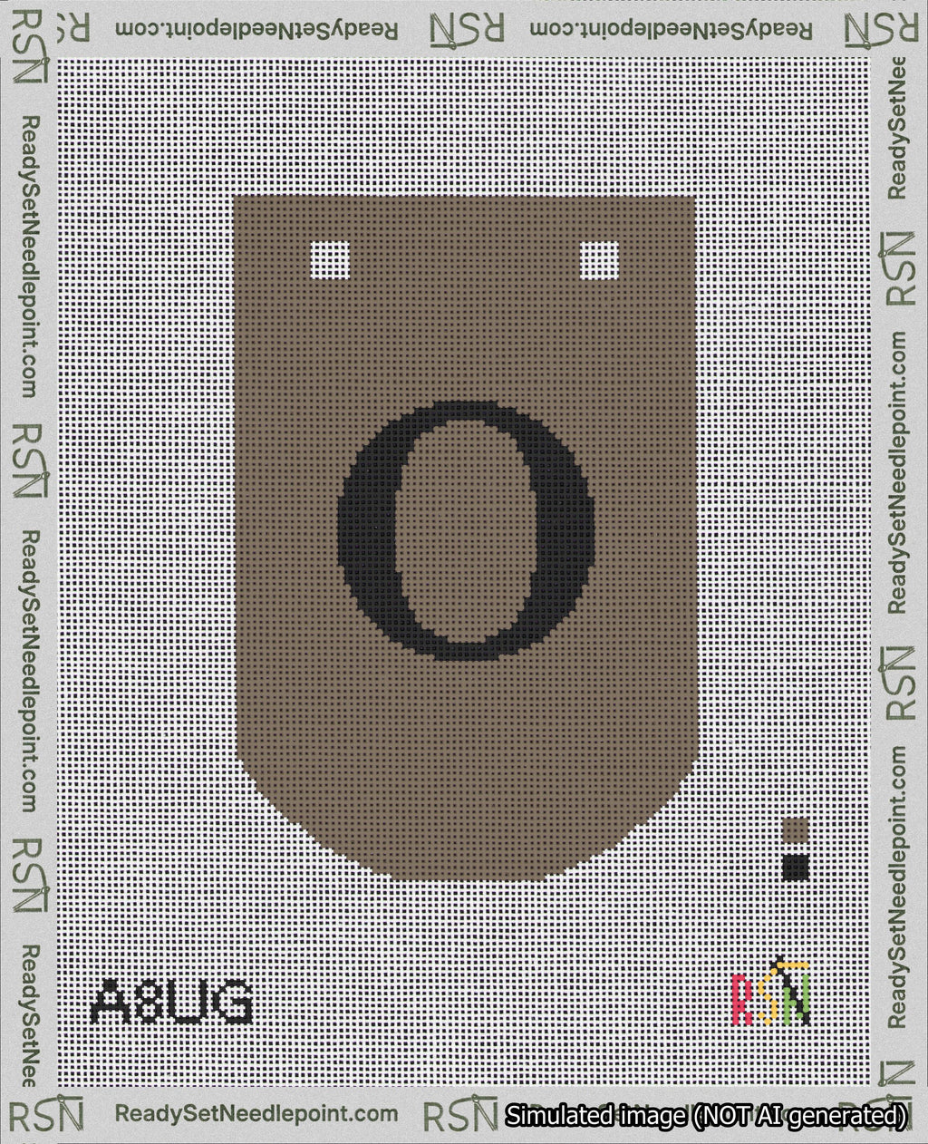 A taped needlepoint canvas with the design: Banner 18 mesh count Curved O Black on Brown.