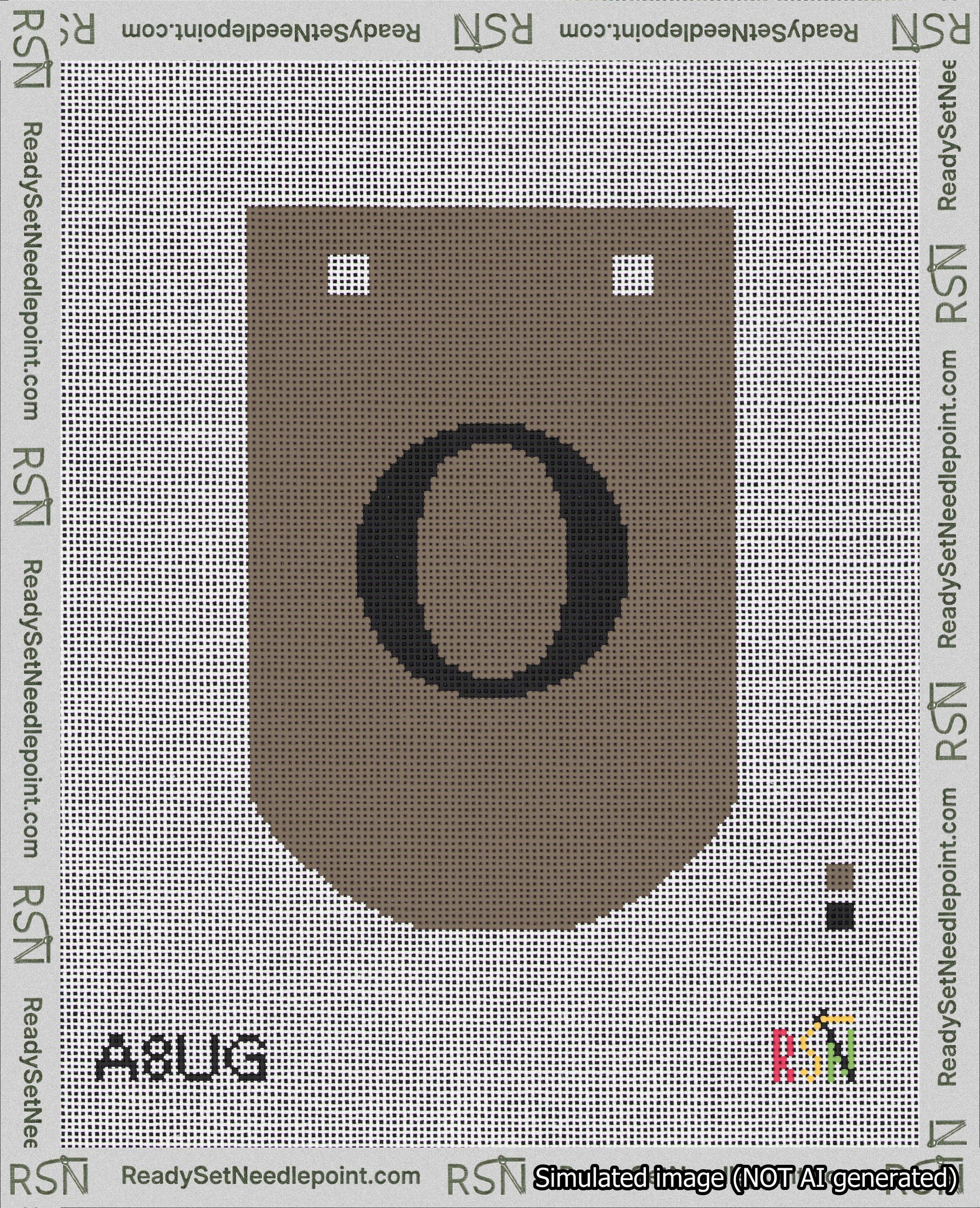 A taped needlepoint canvas with the design: Banner 18 mesh count Curved O Black on Brown.