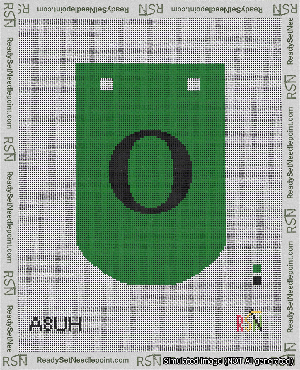 A taped needlepoint canvas with the design: Banner 18 mesh count Curved O Black on Green.