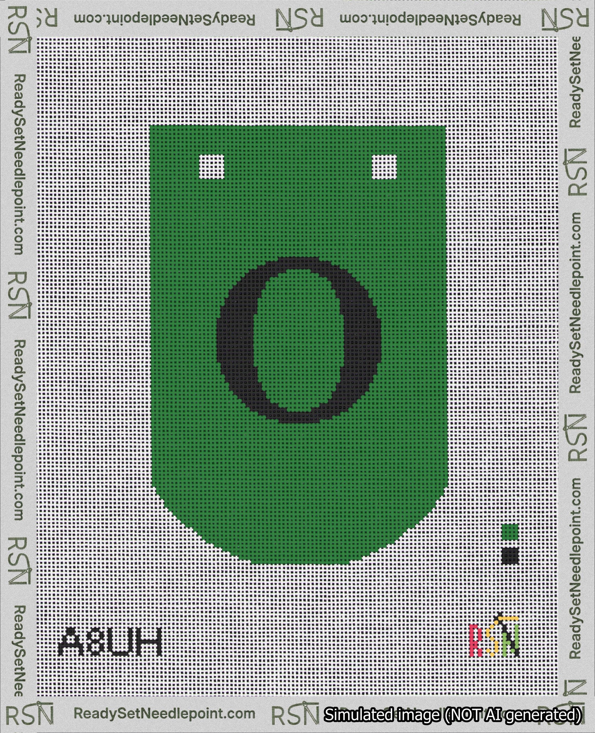 A taped needlepoint canvas with the design: Banner 18 mesh count Curved O Black on Green.
