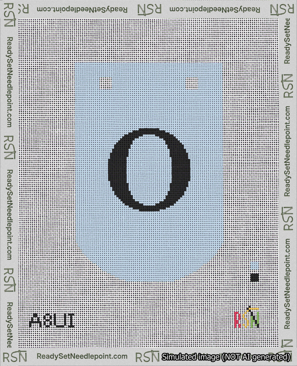 A taped needlepoint canvas with the design: Banner 18 mesh count Curved O Black on Light Blue.