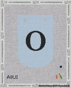A taped needlepoint canvas with the design: Banner 18 mesh count Curved O Black on Light Blue.