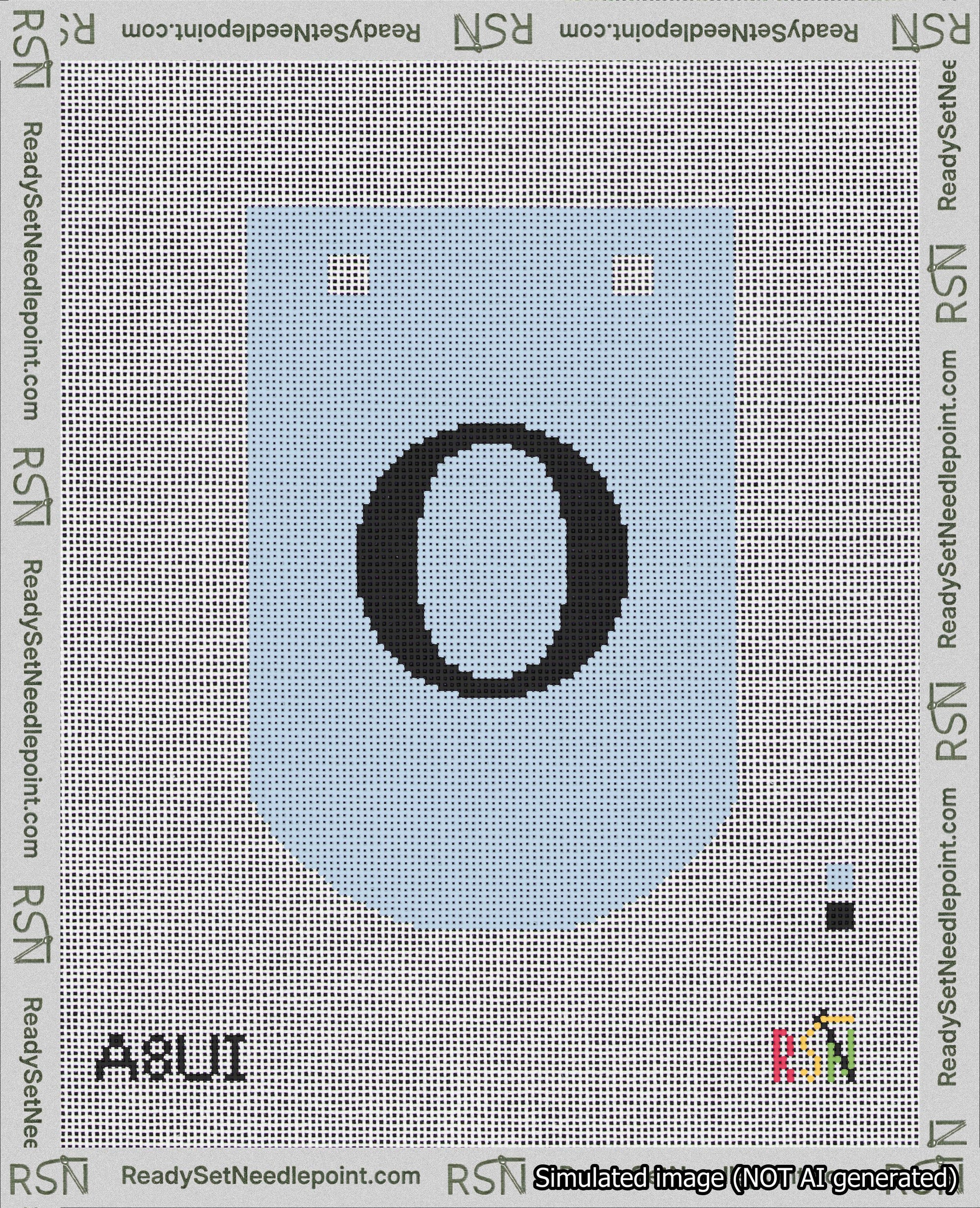 A taped needlepoint canvas with the design: Banner 18 mesh count Curved O Black on Light Blue.