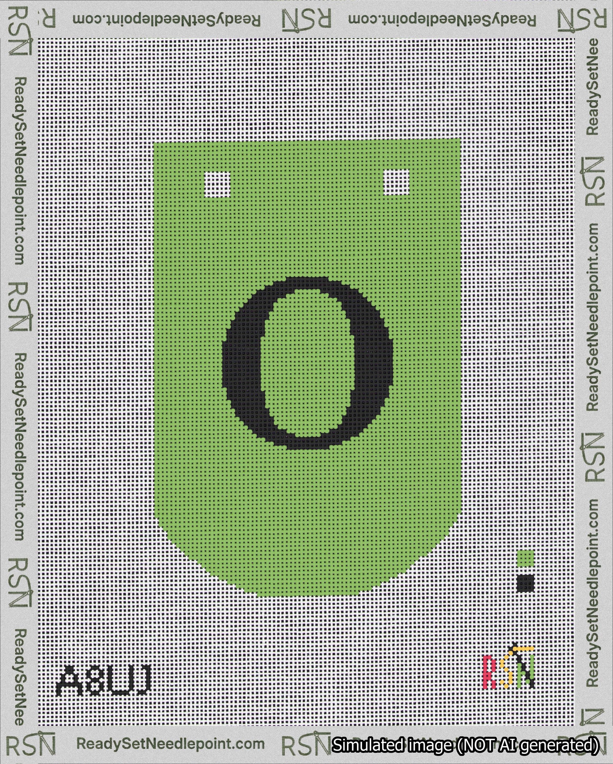 A taped needlepoint canvas with the design: Banner 18 mesh count Curved O Black on Light Green.
