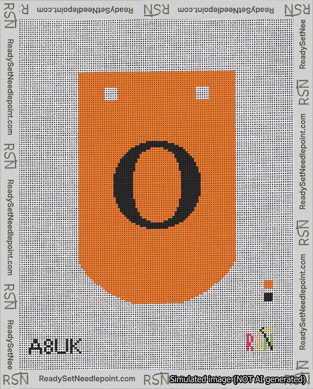 A taped needlepoint canvas with the design: Banner 18 mesh count Curved O Black on Orange.