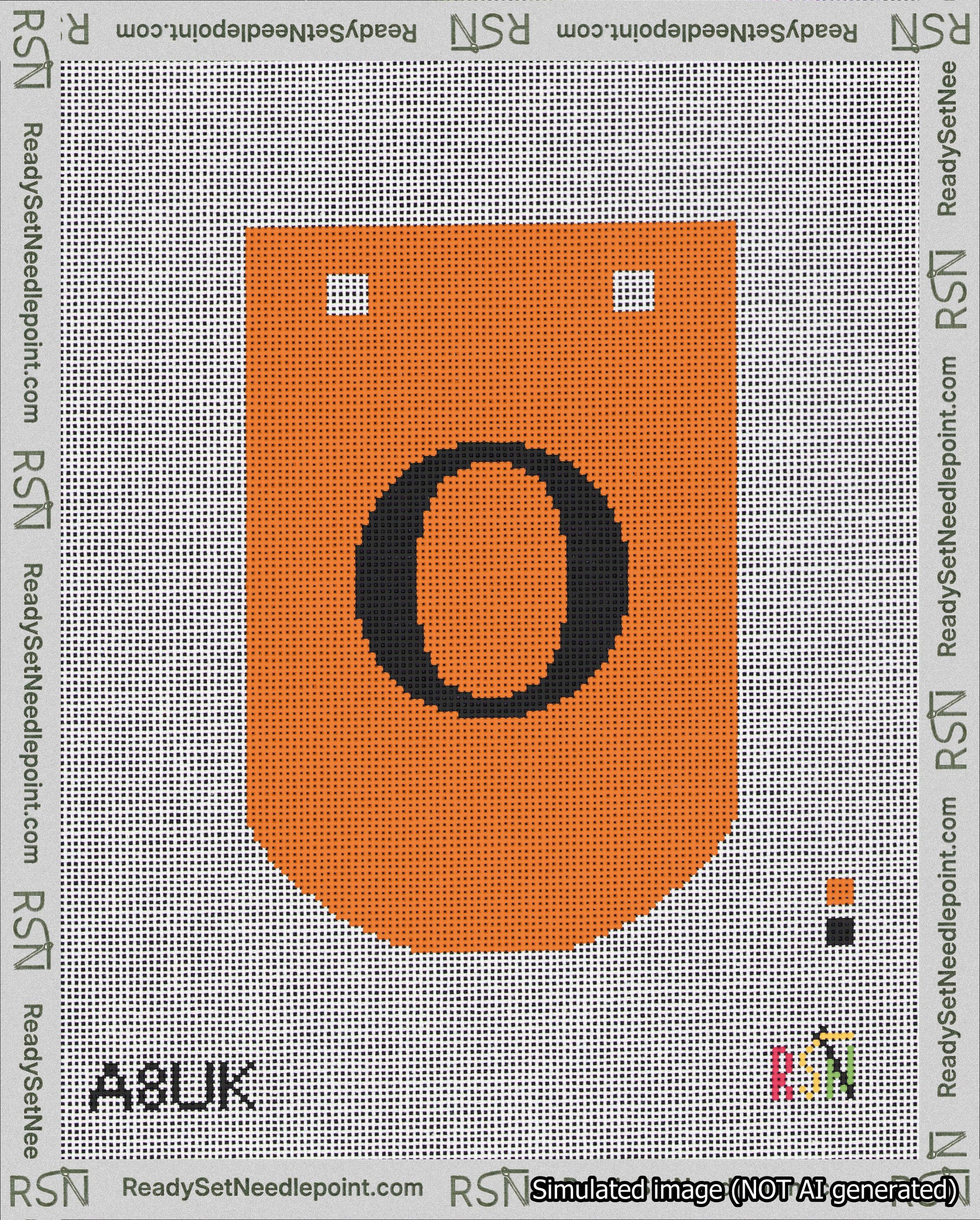 A taped needlepoint canvas with the design: Banner 18 mesh count Curved O Black on Orange.