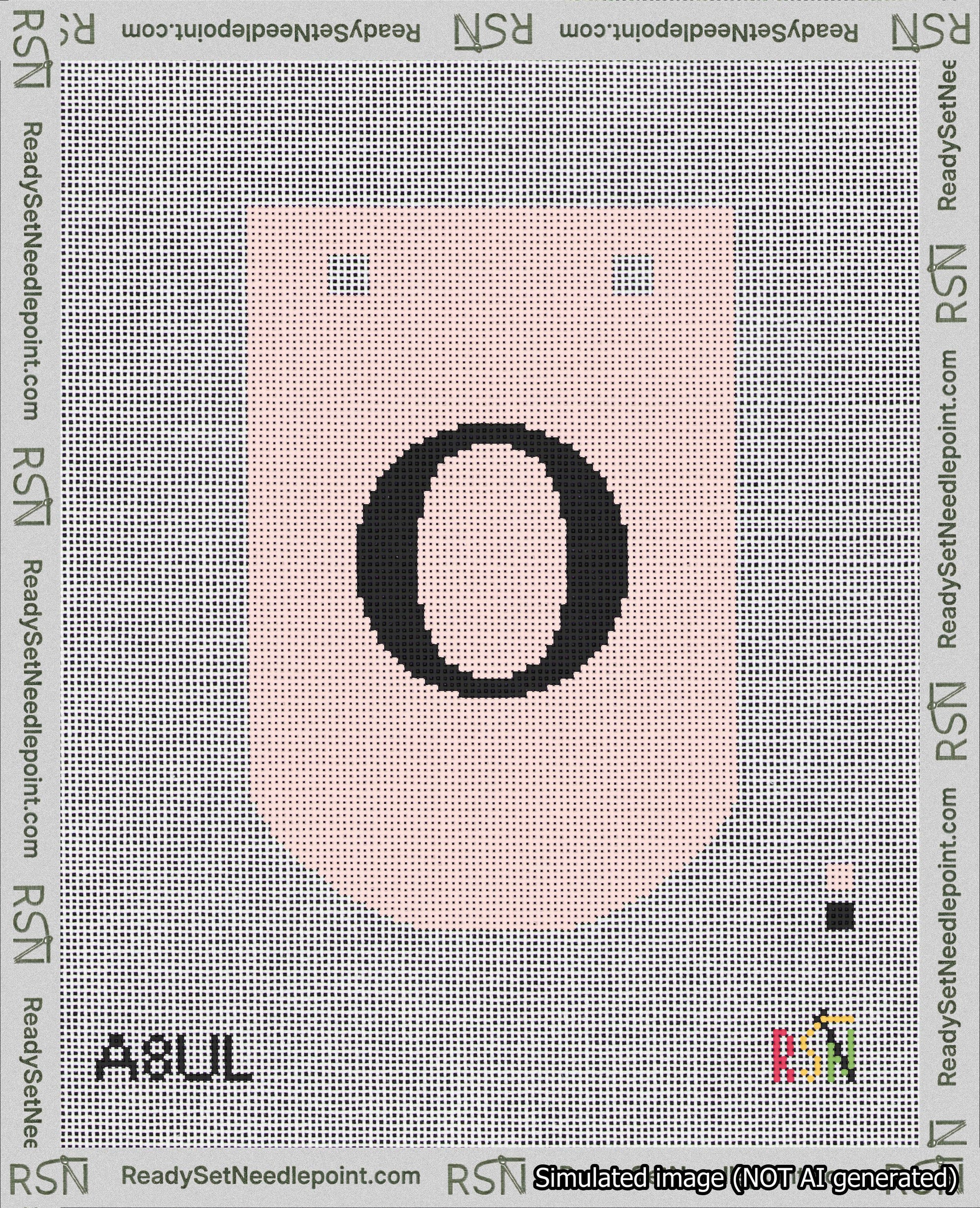 A taped needlepoint canvas with the design: Banner 18 mesh count Curved O Black on Pink.