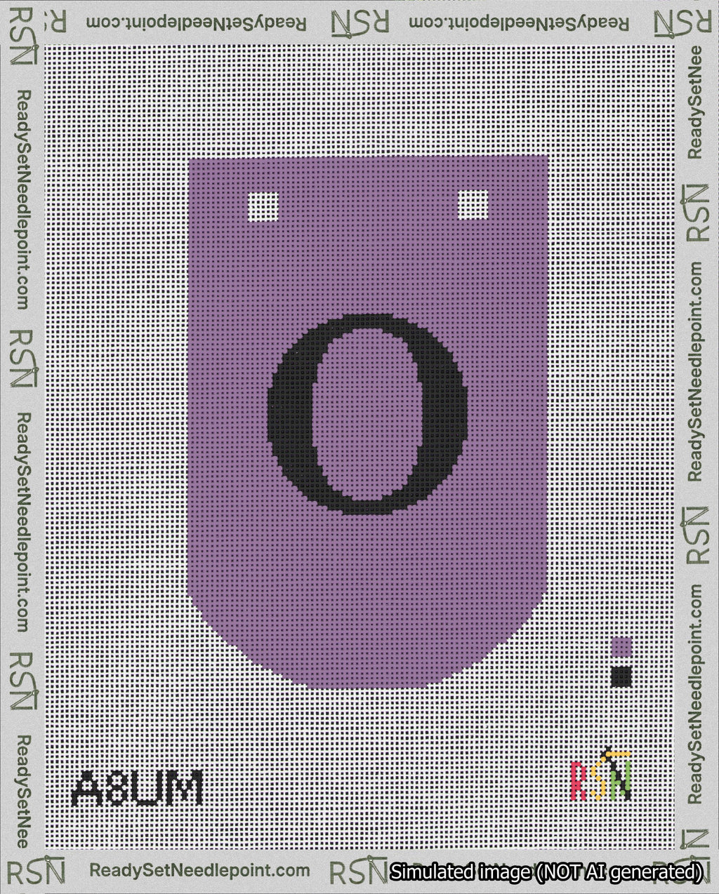 A taped needlepoint canvas with the design: Banner 18 mesh count Curved O Black on Purple.