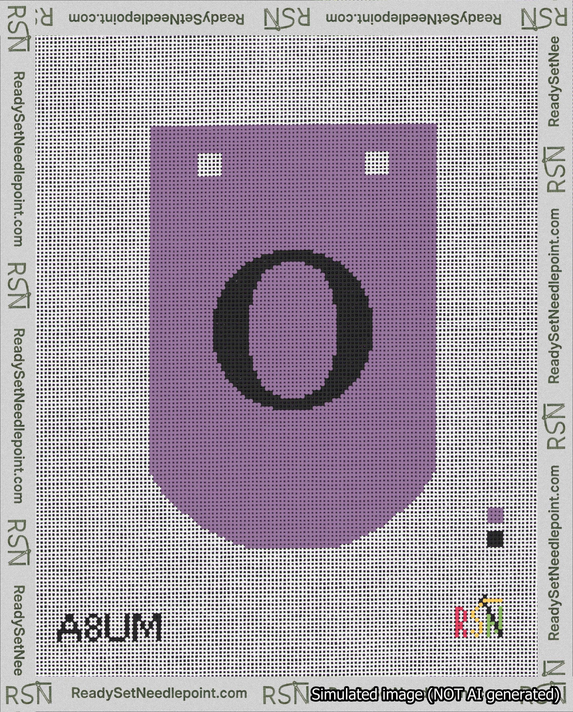 A taped needlepoint canvas with the design: Banner 18 mesh count Curved O Black on Purple.