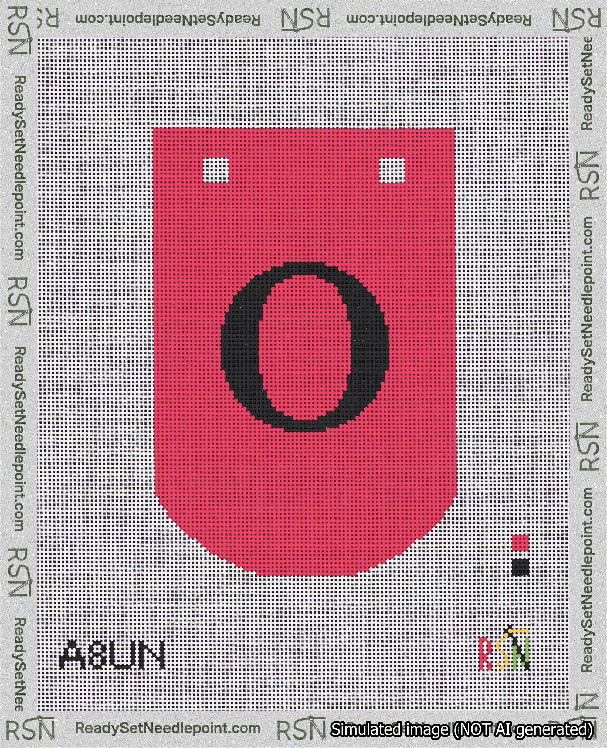 A taped needlepoint canvas with the design: Banner 18 mesh count Curved O Black on Red.