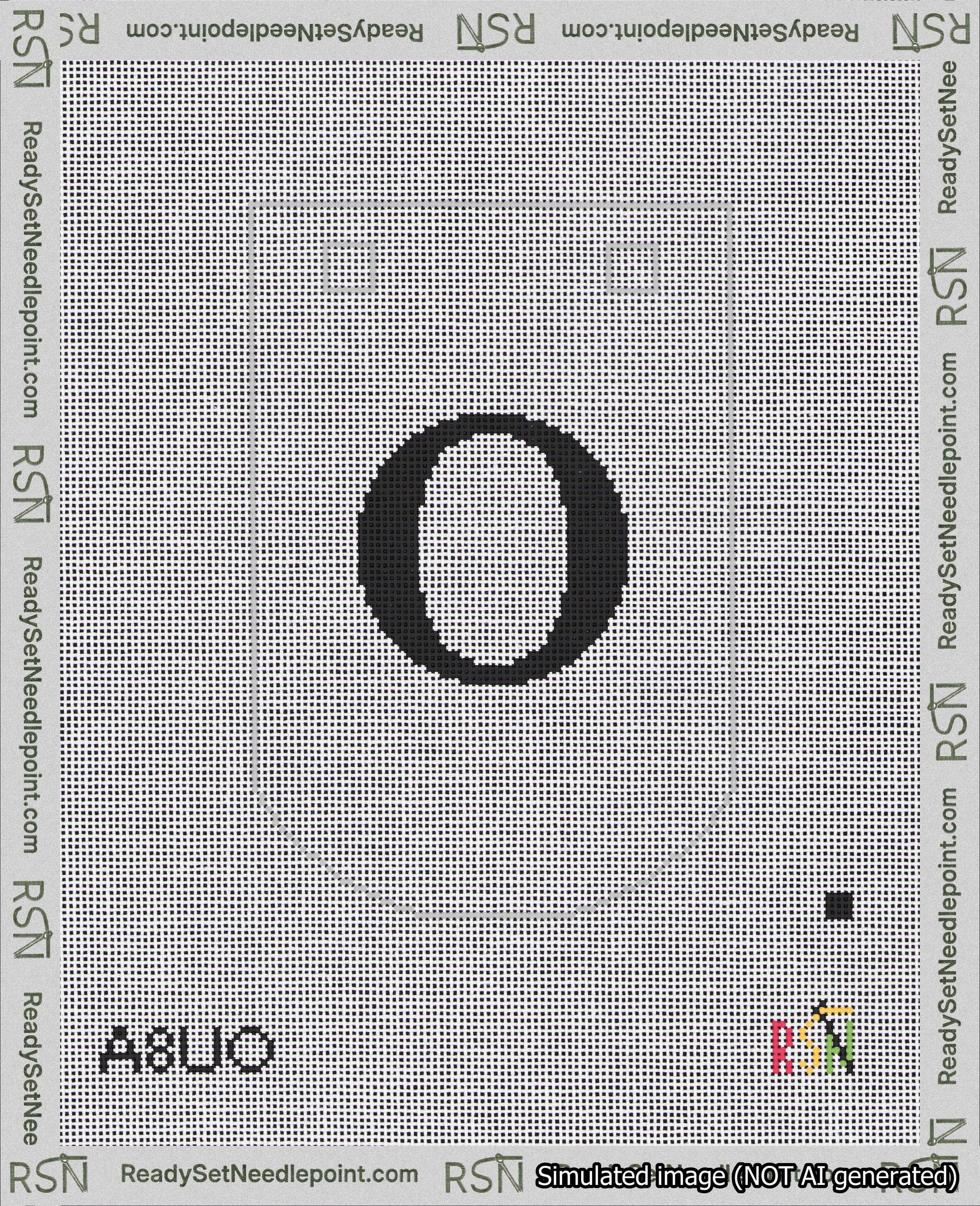A taped needlepoint canvas with the design: Banner 18 mesh count Curved O Black on White.