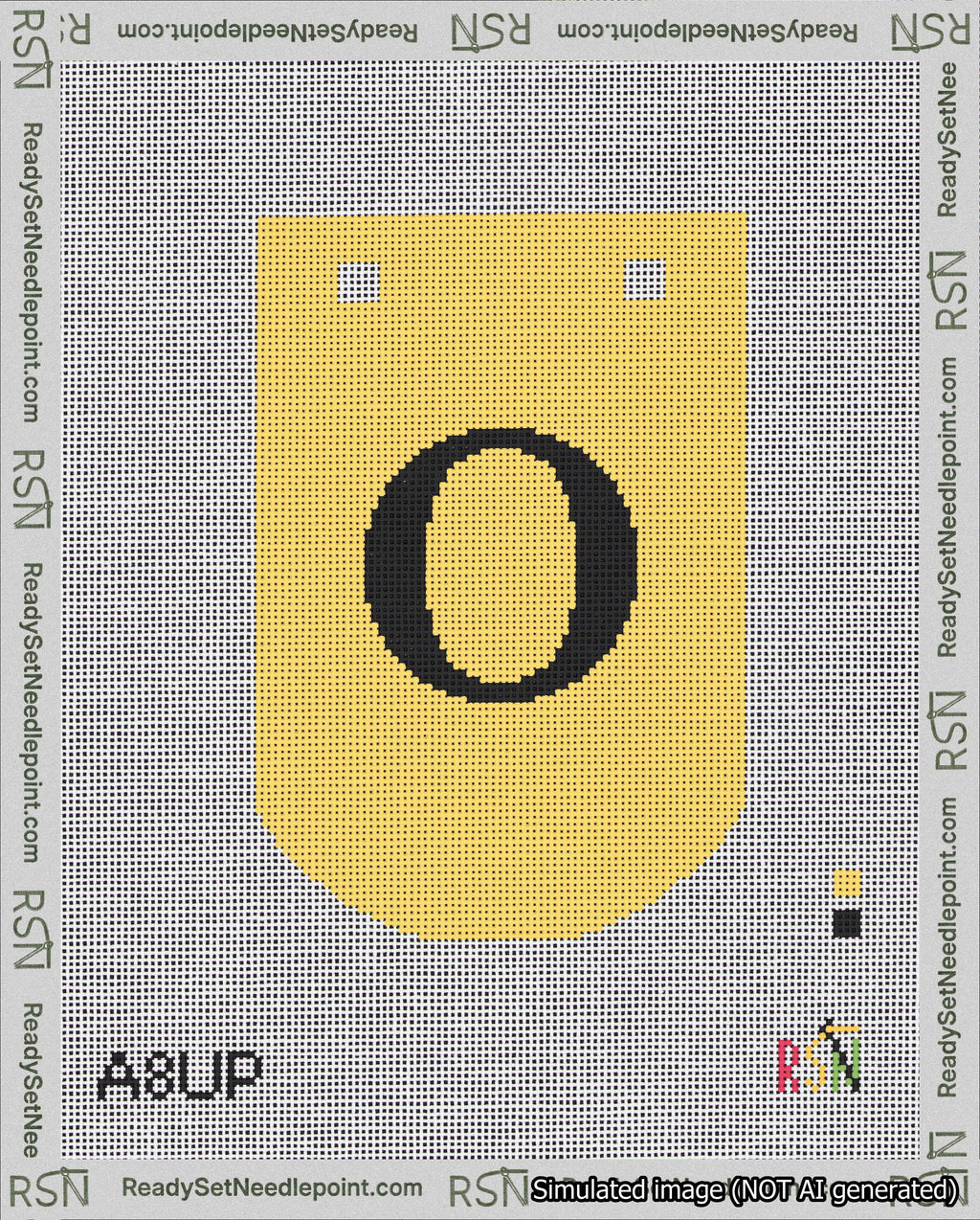 A taped needlepoint canvas with the design: Banner 18 mesh count Curved O Black on Yellow.