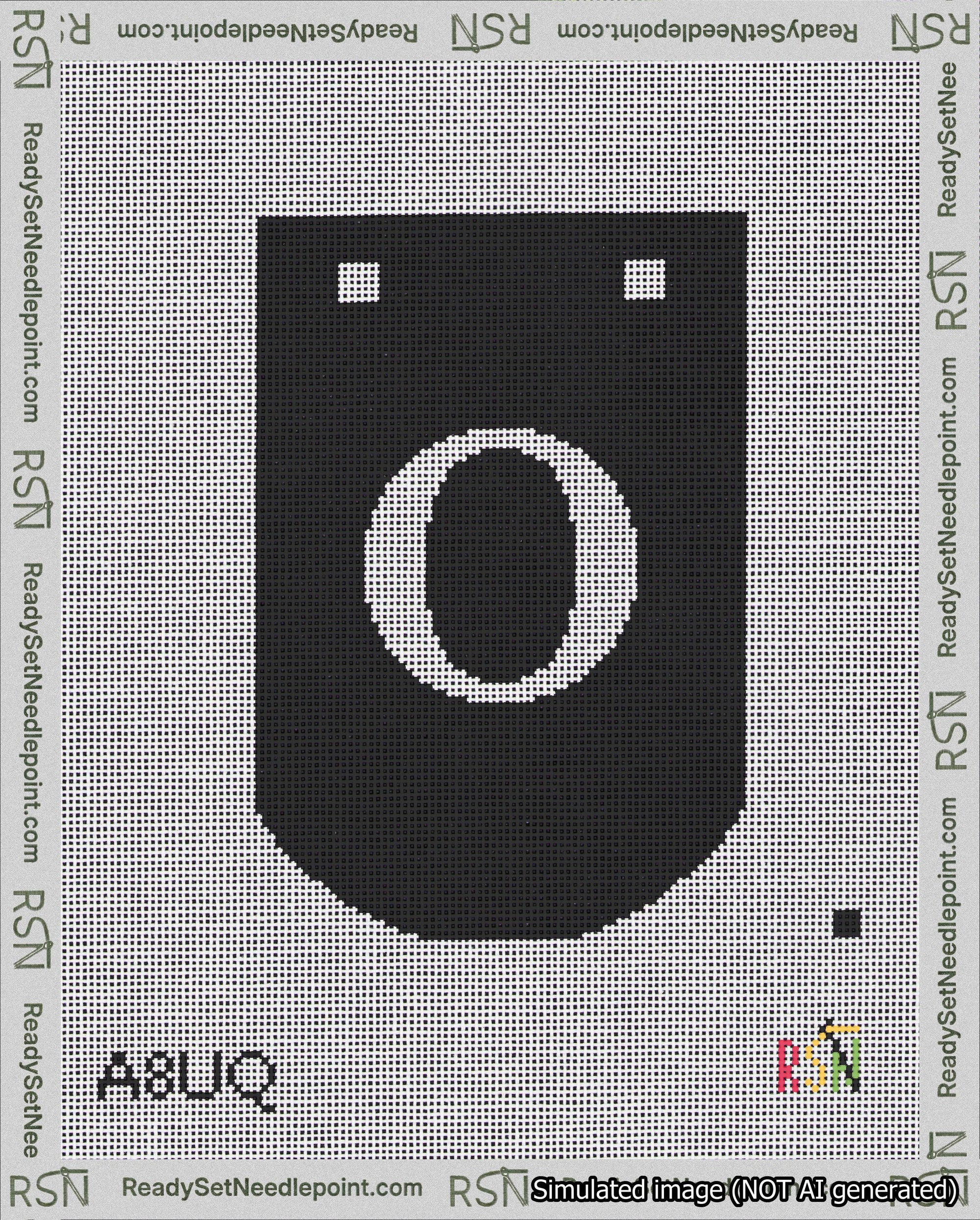 A taped needlepoint canvas with the design: Banner 18 mesh count Curved O White on Black.