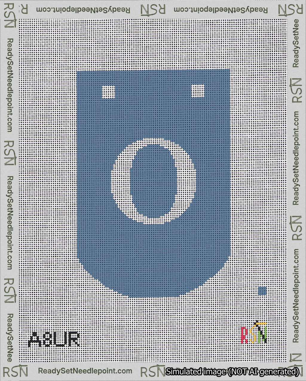A taped needlepoint canvas with the design: Banner 18 mesh count Curved O White on Blue.