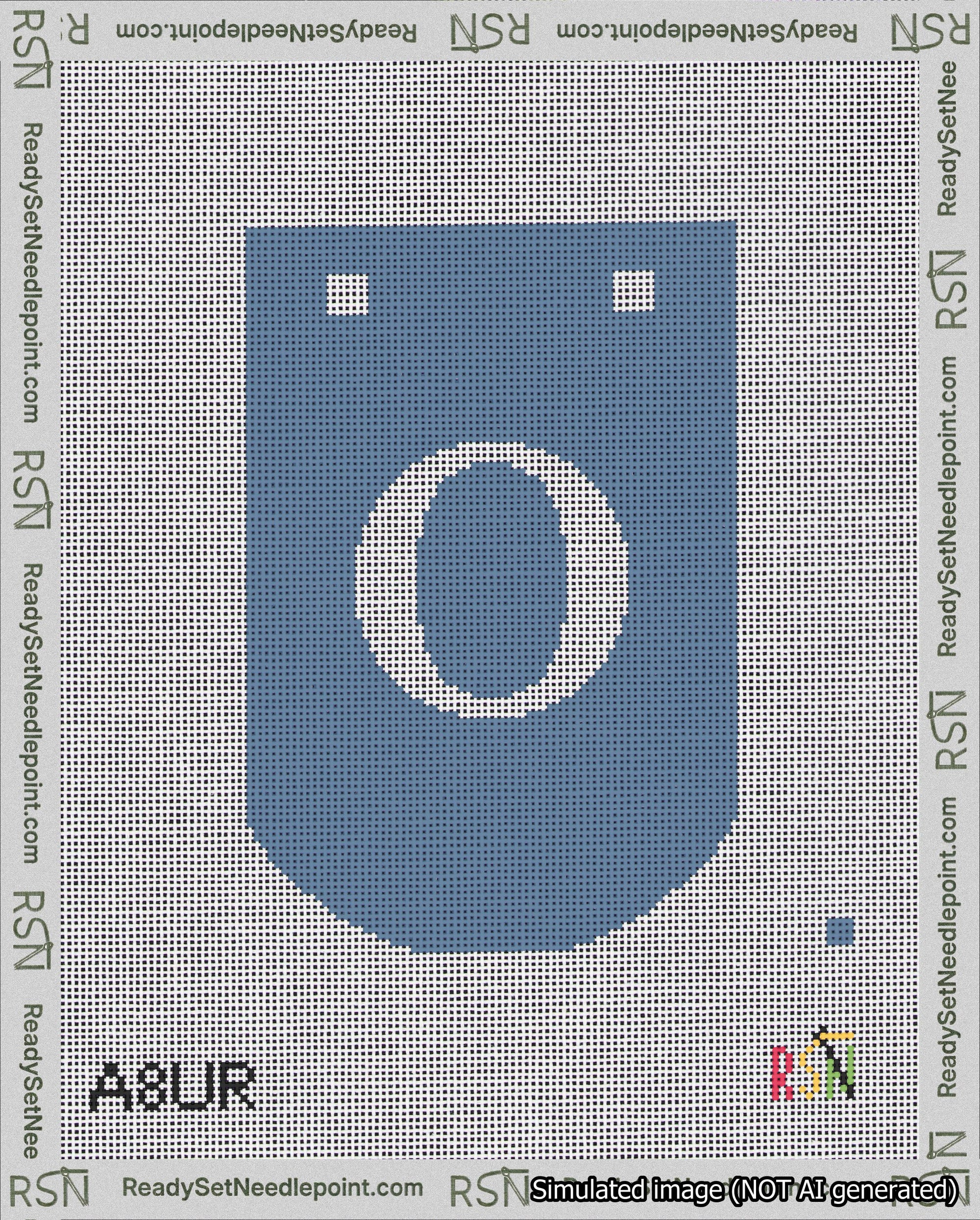 A taped needlepoint canvas with the design: Banner 18 mesh count Curved O White on Blue.