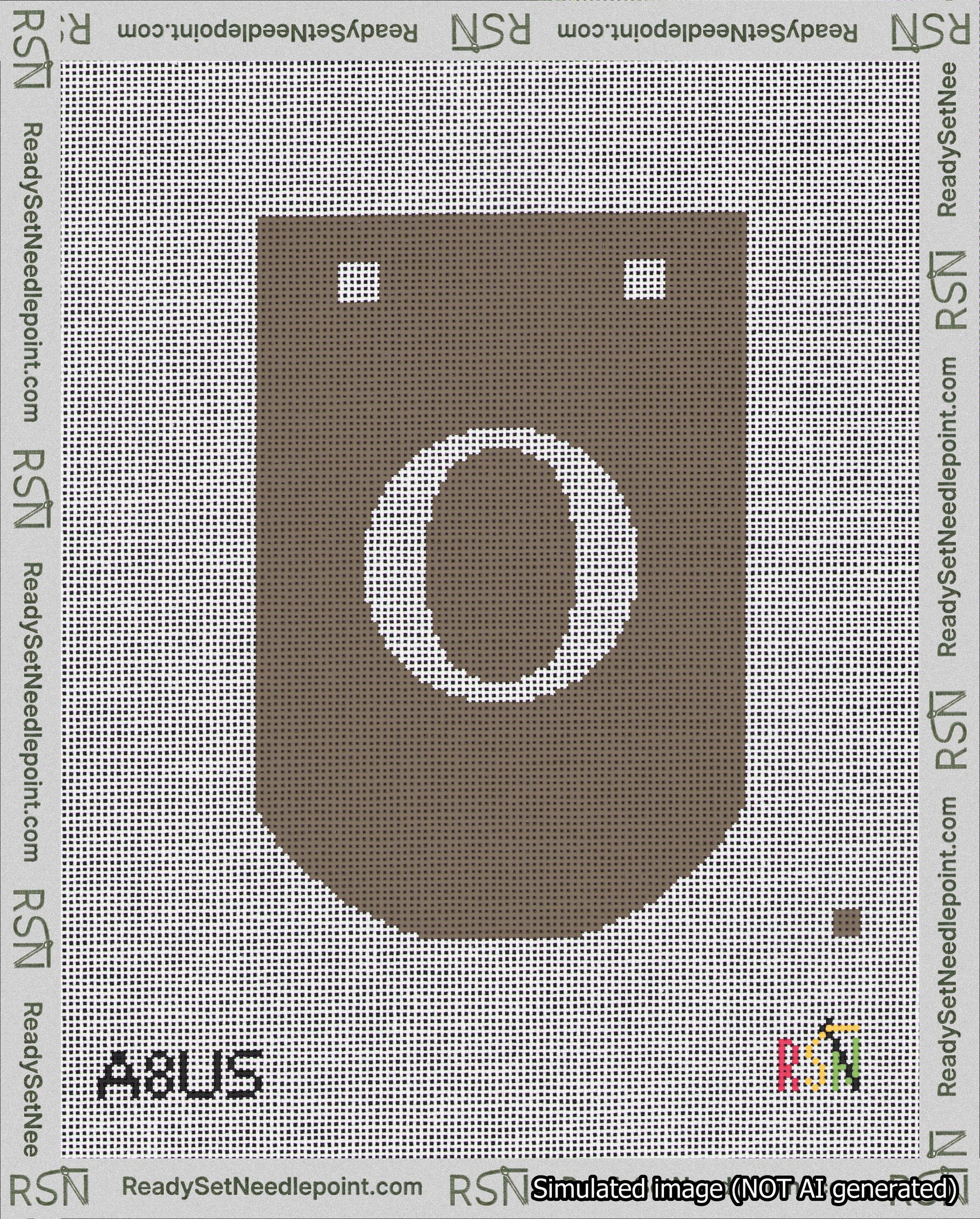 A taped needlepoint canvas with the design: Banner 18 mesh count Curved O White on Brown.
