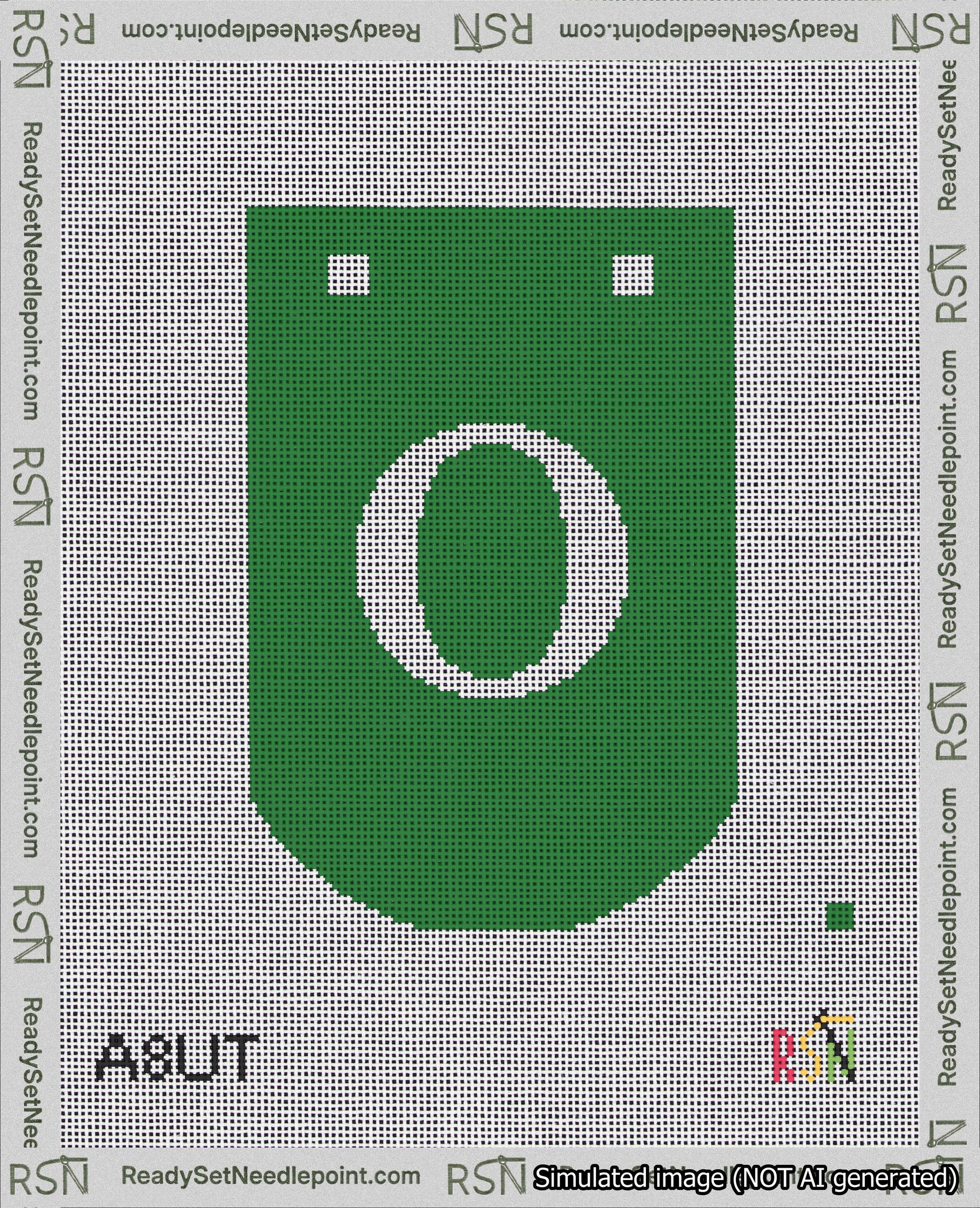 A taped needlepoint canvas with the design: Banner 18 mesh count Curved O White on Green.