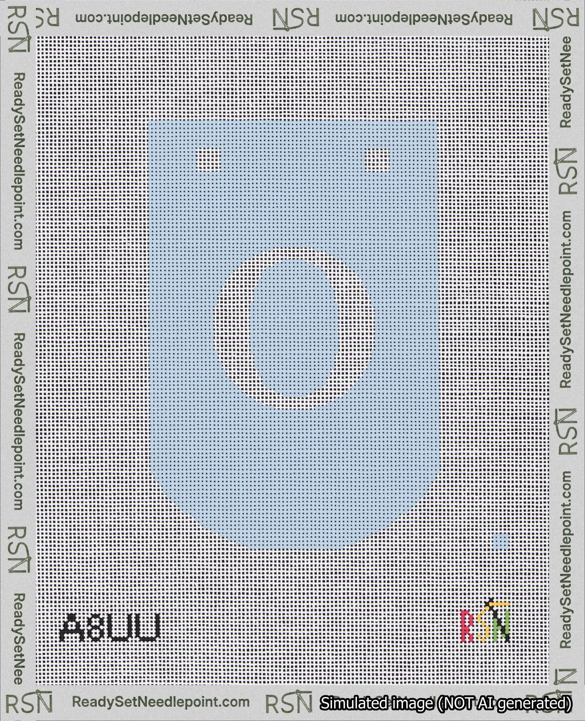 A taped needlepoint canvas with the design: Banner 18 mesh count Curved O White on Light Blue.