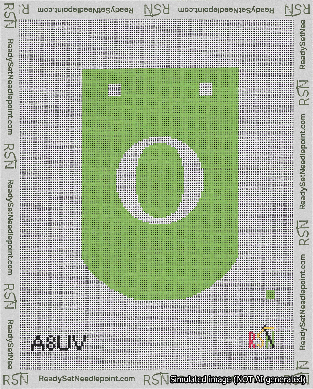 A taped needlepoint canvas with the design: Banner 18 mesh count Curved O White on Light Green.