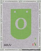 A taped needlepoint canvas with the design: Banner 18 mesh count Curved O White on Light Green.